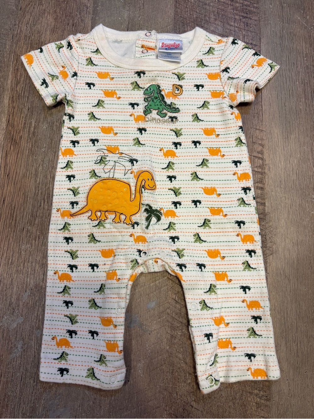 Vintage Dinosaur Patch Short Sleeve One-Piece Romper - White/Orange/Green